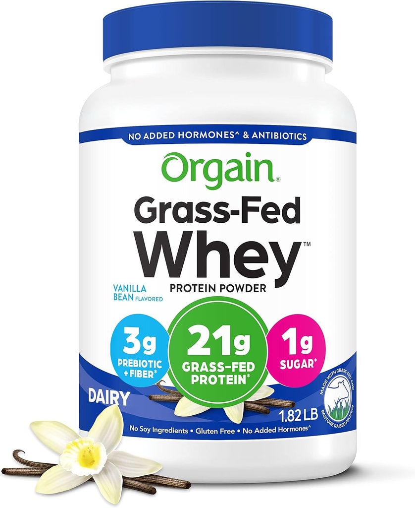 Orgain Whey protein Toz, Vanilla Bean- 21g Grass Fed Süt proteini, 5g BCAAs, 3g Prebiyotik Fiber, No Sugar Eklenmedi, No Eklenme Hormonlar, Gluten Free, Kosher, For Shakes & Smoothies - 1.82lb