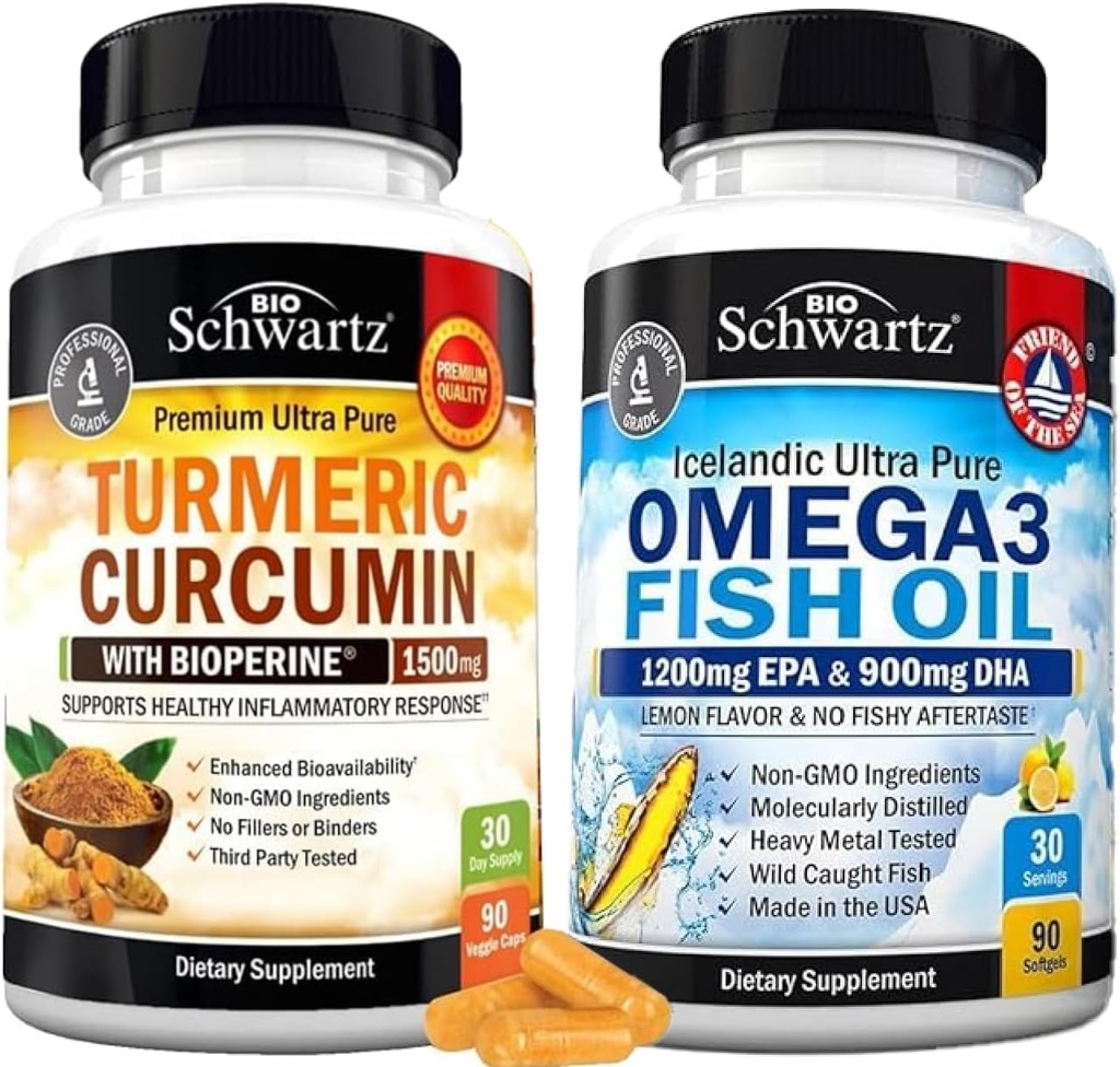 Triple Strength Omega 3 Fish Oil Softgels (1 Ay Supply) Plus Turmeric Curcumin with Black Pepper Extract 1500 mg Complex (1 Ay Supply)