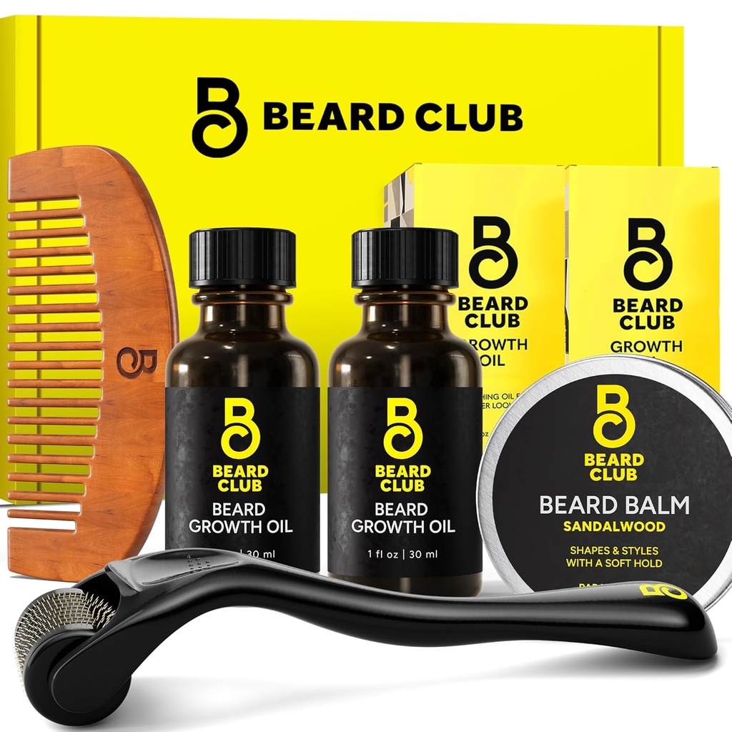 The Beard Club Enhanced Beard Growth Kit - Derma Roller, Beard Growth Oil (2PK), Sandalwood Beard Balm, Comb - σετ δώρων