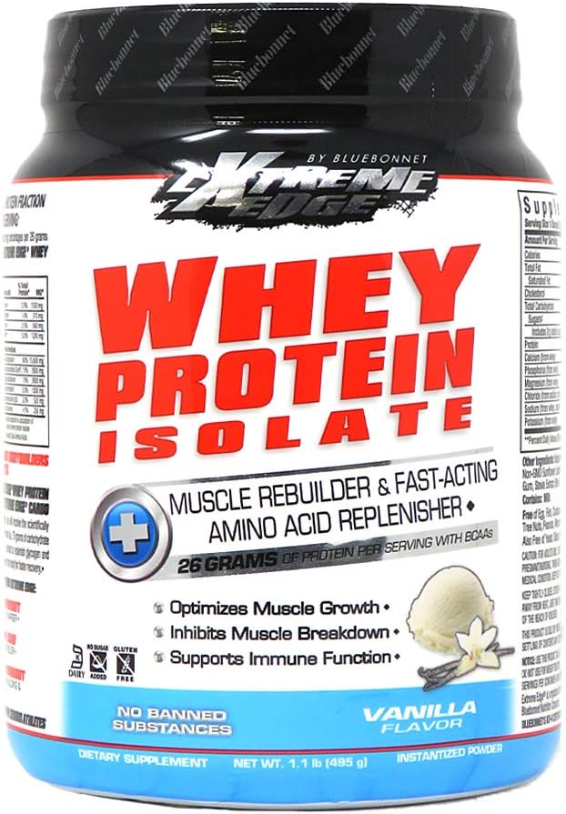 Bluebonnet Διατροφή Extreme Edge Whey Protein Isolate Powder, Grass Fed Cows, 26 Grams of Protein, Χωρίς ζάχαρη Προστέθηκε, Μη ΓΤΟ, Χωρίς γλουτένη, Χωρίς σόγια, Kosher Dairy, 1 lb, 15 Σερβιέτες, Βανίλια Γεύση