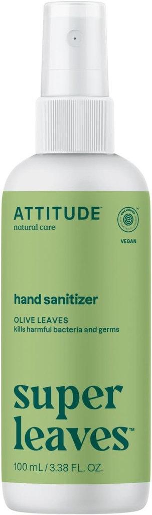 ATTITUDE Hand Sanitizer Spray, EWG Doğrulanmış, Kills Germs & Bakteri, Vegan & Plant-Based, Yetişkinler ve Çocuklar için Güvenli, Zeytin Scent, 3.38 Fl Oz (Spray Şişe)