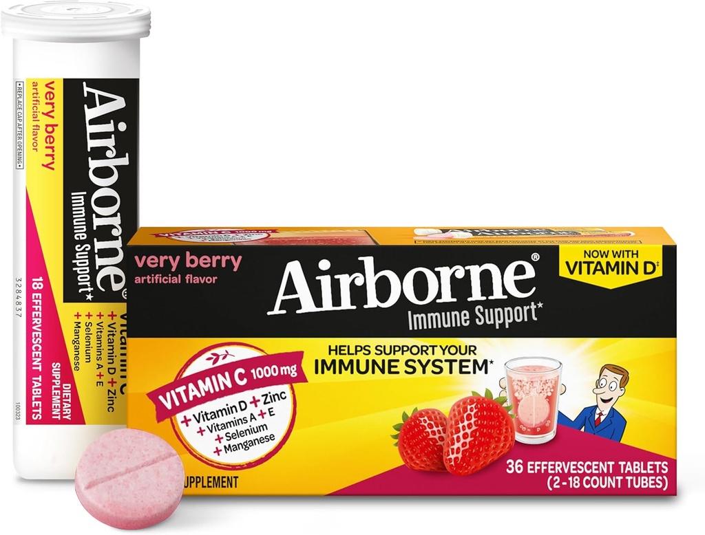 C 1000 mg (ya da hizmet) - Airborne Very Berry Effervescent Tabletleri (36 bir kutuya sayı), Gluten-Free Immune Support Supplement, A C E, ZINC, Selenium, Echinacea & Ginger