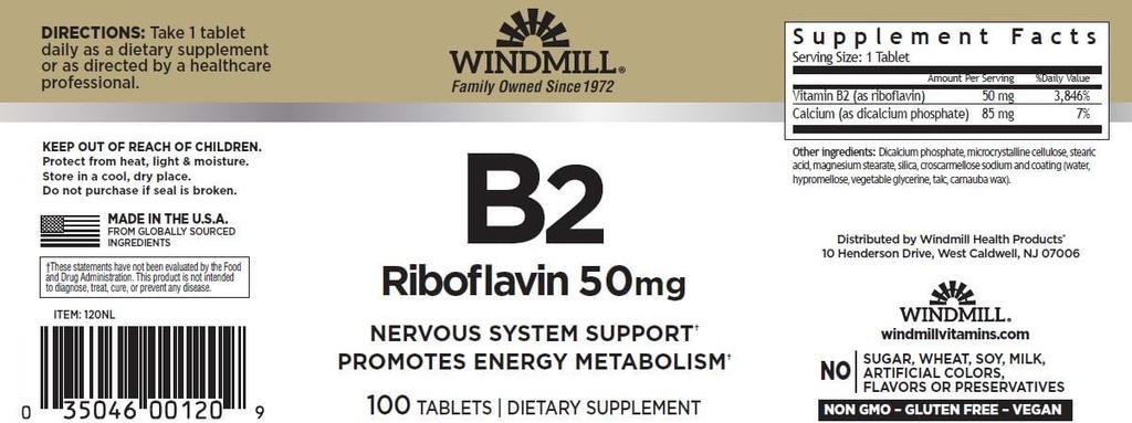 Windmill Vitamin B-2 50 mg Tabletleri - 100 ea (2 Pack)