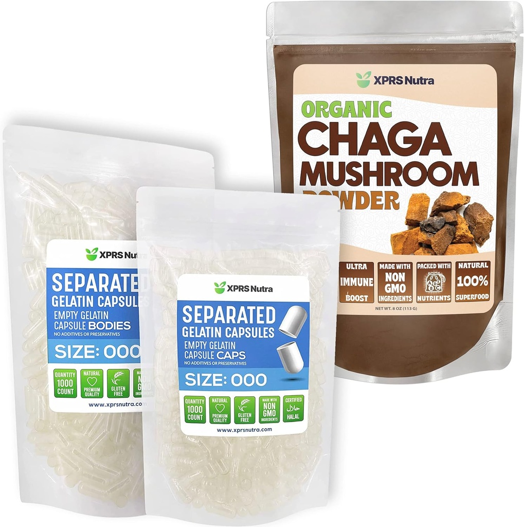XPRS Nutra Χωριστό μέγεθος 000 κάψουλες (1000 Count) με σκόνη Chaga (8 ουγγιά) Bundle