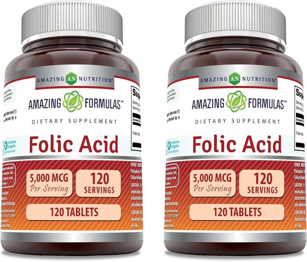 Amazing Formulas Folic Acid Supplement | 5000 Mcg | 120 Tablet | Non-GMO | Gluten Free | Made in USA (2 Pack)