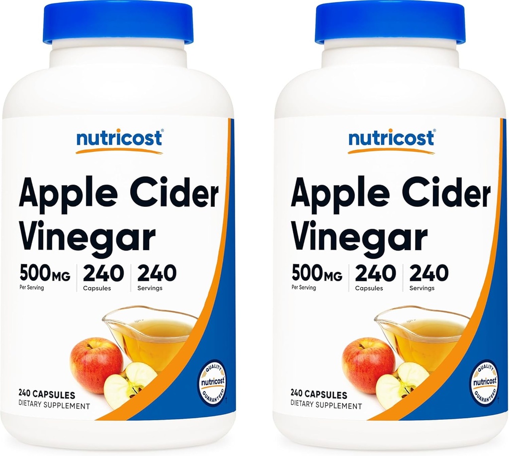 Nutricost Apple Cider Vinegar 500 mg, 240 Vegetarian Capsules - Natural, Non-GMO ve Gluten Free (2 Şişe)