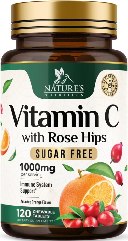 Vitamin C 1000mg Per Serving Chewable - Sugar Free - Extra Strength Antioxidants - Natural Immune Support Supplement with Vitamin C & Rose Hips, Powerful Vit C Chews, Tasty Orange Flavor - 120 Tablets