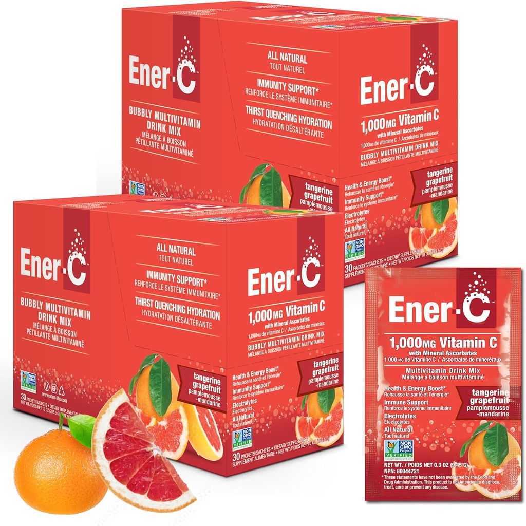 Ener-C Tangerine & Grapefruit Multivitamin Drink Mix, 1000mg Vitamin C, Non-GMO, Vegan, Real Fruit Juice Powders, Natural Immunity Support, Electrolytes, Gluten Free, 2-Packs of 30 (60 Count)