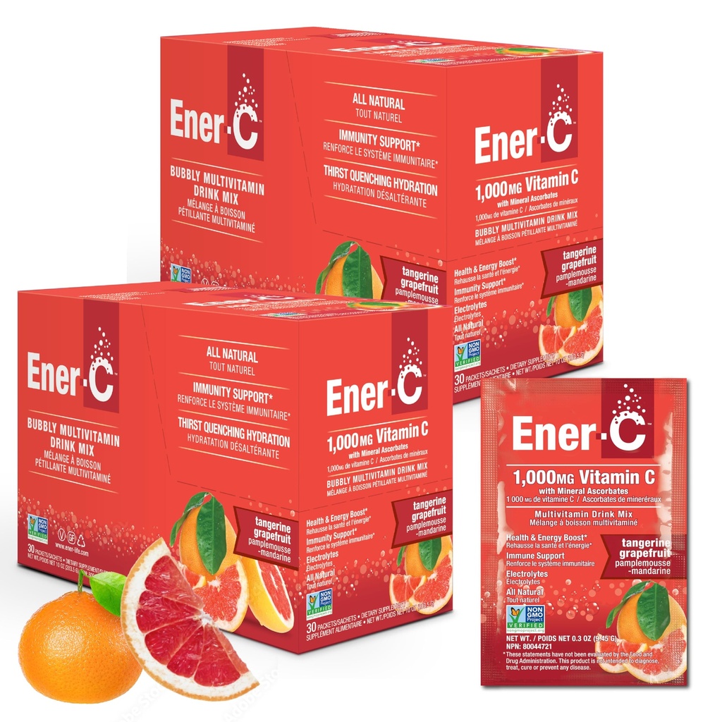Ener-C Tangerine & Grapetre Multivitamin İçecek Mix, 1000 mg C, Non-GMO, Vegan, Real Fruit Juices, Natural Immunity Support, Electrolytes, Gluten Free, 2Packs 30 (60 Kont)