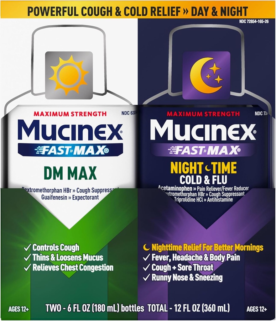 Μέγιστη δύναμη Mucinex FastMax DM Max & Mucinex Nightshift Ψυχρό & Υγρό γρίπης (2 x 6 fl. oz.) Λεπτά & Χαλαρώνει Mucus, Ανακουφίζει τη Συμφόρηση Βήχας & Θώρακος, Πόνος, Πυρετός, Φτάρνισμα, Πονηρό Λαρύγγι, Runny Μύτη