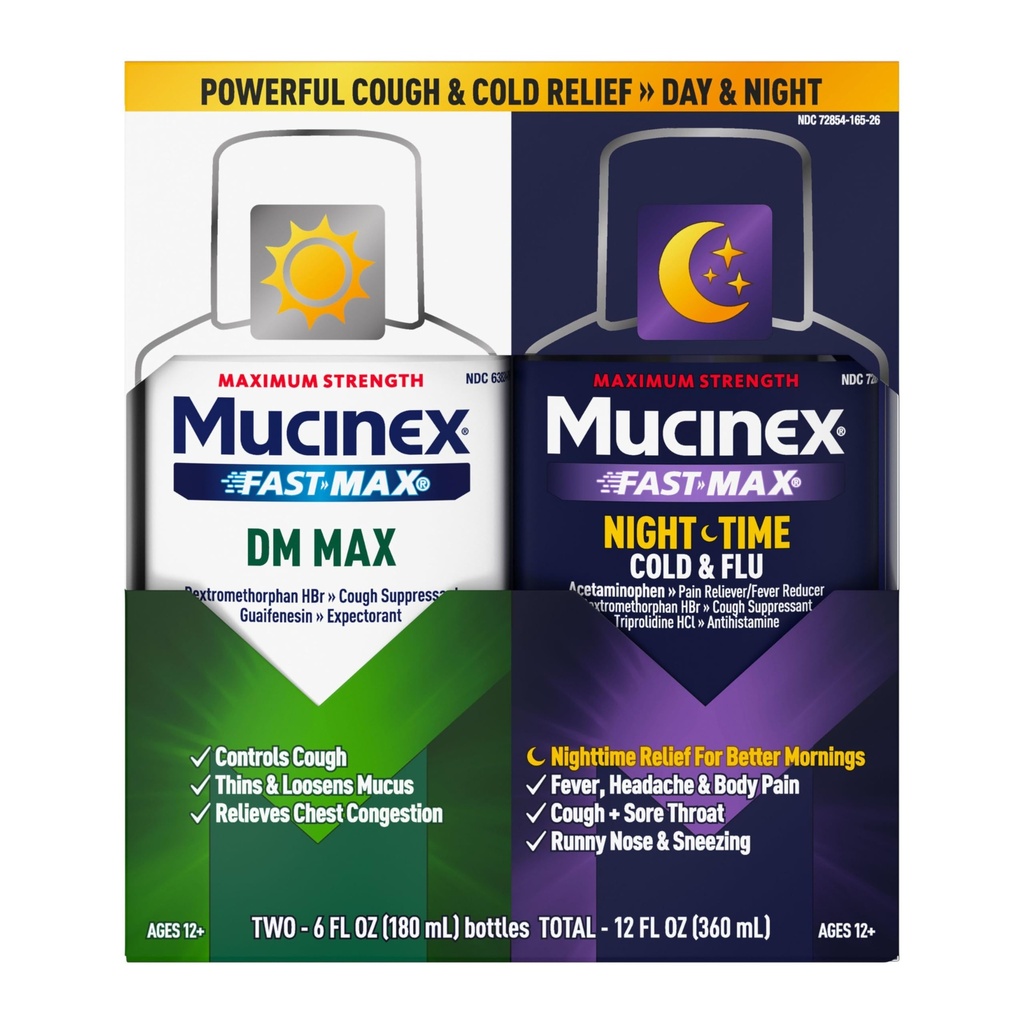 Maksimum Kuvvet Mucinex FastMax DM Max & Mucinex Gecesel Soğuk ve Flu Sıvı (2 x 6 fl. oz.) İnceler ve Loosens Mucus, Relieves Cough & Chest Congestion, Pain, Fire, Sneezing, Sore Throat, Runny Nose