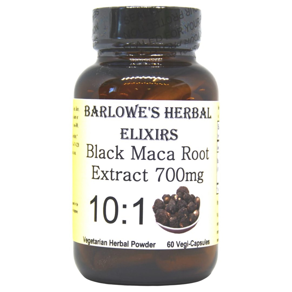 Barlowe's Herbal Elixirs Black Maca | Peruvian Maca Root Extract | Kapsül başına 700 mg | 60 Veggie Capsules (Vegan, Kosher, Halal) | Glass Şişe | Üçüncü Parti Test Edildi