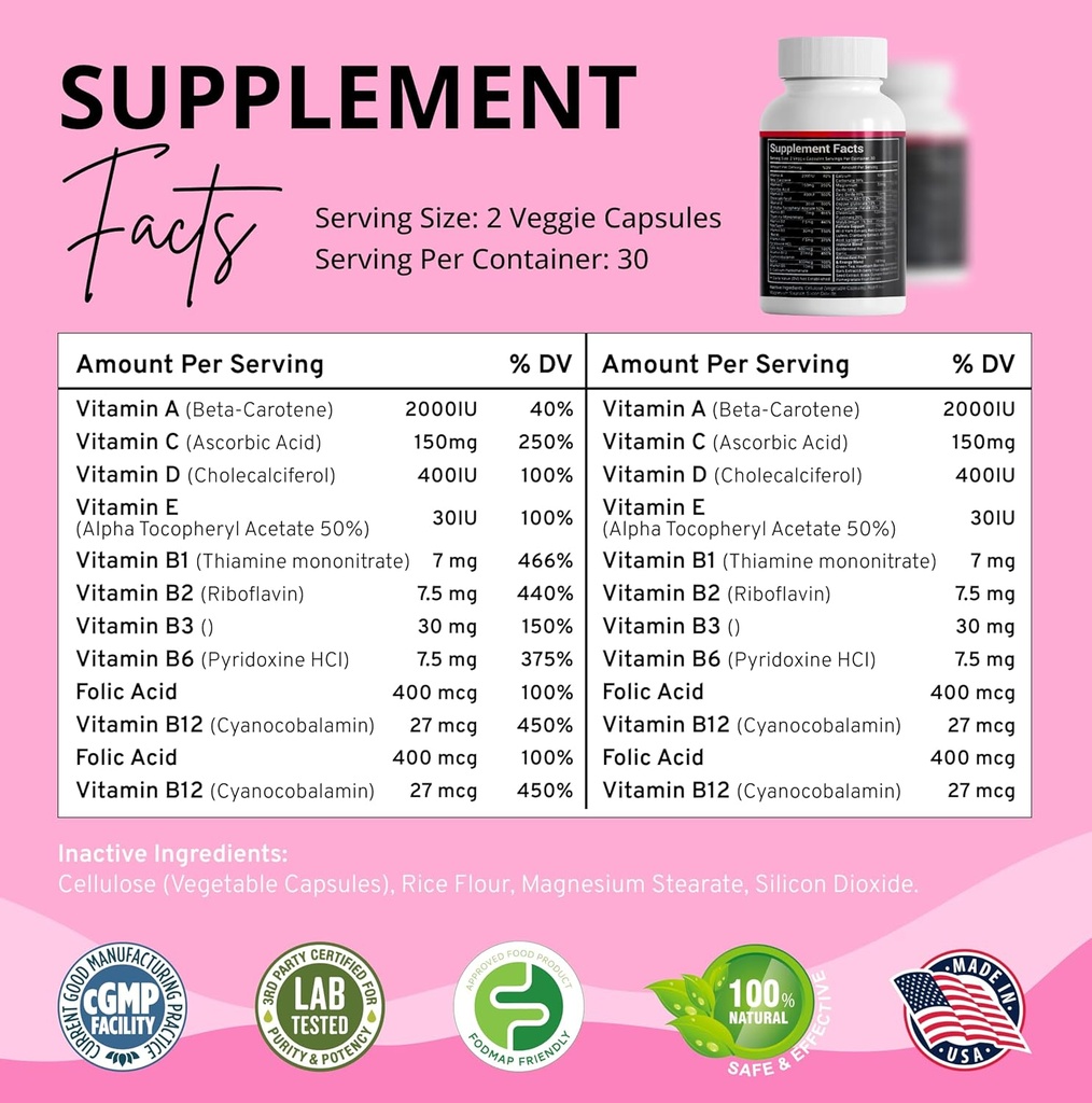 Stellar Labs Low FSUNAP Vegan Women's Ultra Multi-Vitamin | Iron | Low Energy Supplement, Kadın Desteği | Swallow Veggie Capsules | 60 Count