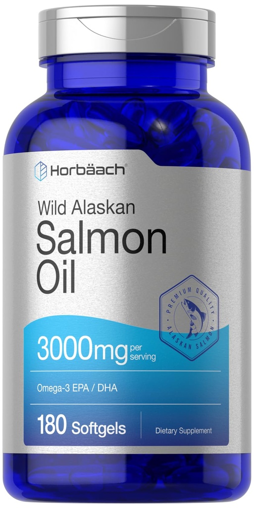 Horbäach Wild Alaskan Salmon Fish Oil | 180 Softgel Capsules | Gluten Free, Non-GMO | Yüksek Potency | Mükemmel Omega-3 Fatty Acids EPA ve DHA