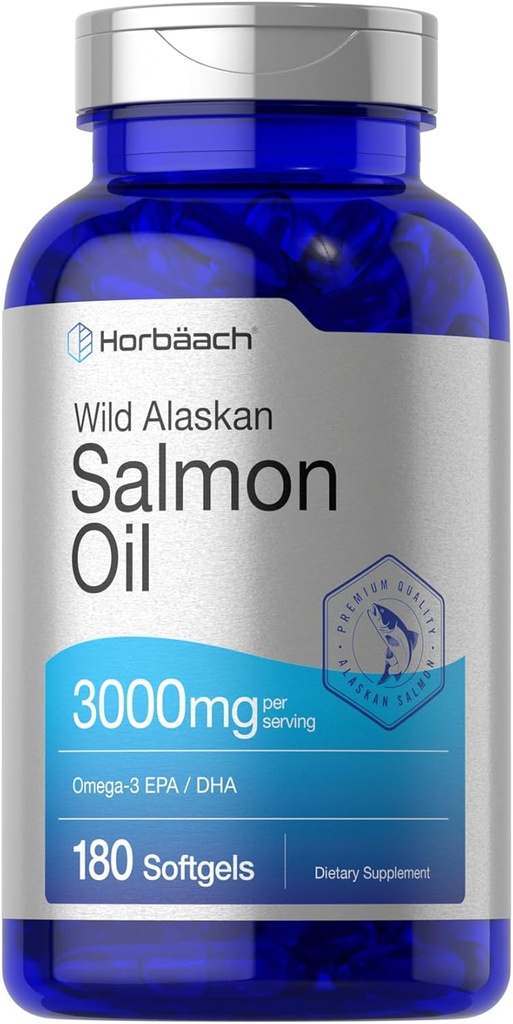 Horbäach Wild Alaskan Salmon Fish Oil | 180 Softgel Capsules | Gluten Free, Non-GMO | Yüksek Potency | Mükemmel Omega-3 Fatty Acids EPA ve DHA
