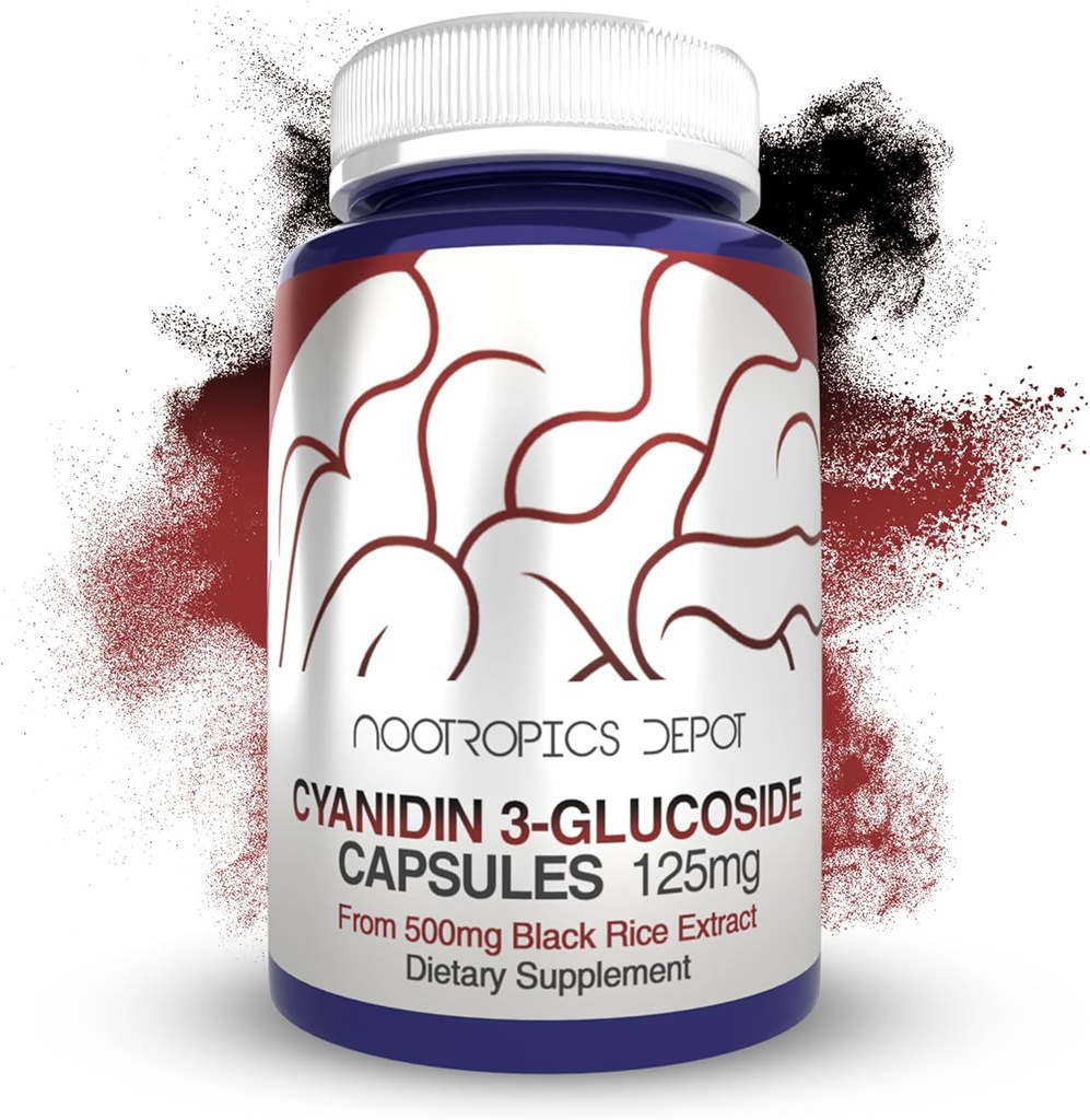 Nootropics Depot Cyanidin 3Glucoside Capsules | 125 mg | 180 Count | Black Rice Extract | C3G | Oryza Sativa | Metabolic, Vision, & Cognitive Support