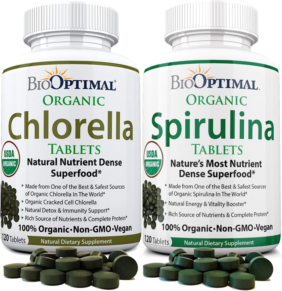 BioOptimal Chlorella Spirulina - Bundle - Βιολογικά δισκία χορελών & Βιολογικά δισκία σπιρουλίνας, 120 Count Each, Premium Quality 4 Organic Certifications