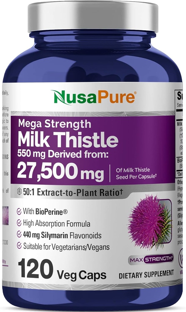 NusaPure Milk Thistle 50:1 Extract, 550 mg Ισοδύναμο με 27.500mg 120 Κάψουλες Veggie Non-GMO, Vegan Max Strength - Standardized 80% Silymarin, Bioperine
