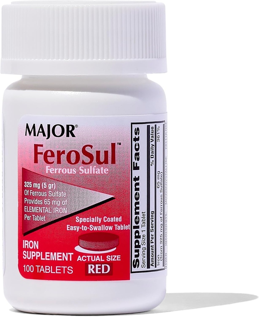 Major Ferosul - Σιδήρου Sulfate 325mg Δισκία με 65mg Στοιχειακού σιδήρου - Συμπλήρωμα σιδήρου για γυναίκες, άνδρες - κόκκινο - 100 δισκία - Συσκευασία του 1