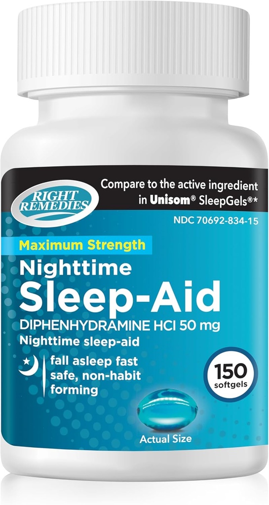 Nighttime Sleep Aid Softgels (150 softgels), Diphenhydramine HCI 50 mg, Fall Asleep Fast, Supports Deeper, Restful Sleep