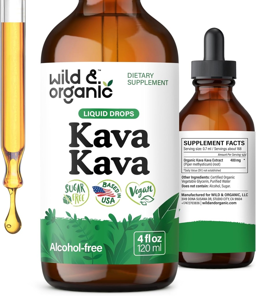 Wild & Organic Kava Kava Drops 400 mg - Calmness & Relaxation Supplement - 5-Month Supply - Vegan, Sugar & Alkol-Free Root Extract Drops - 4 fl ozz
