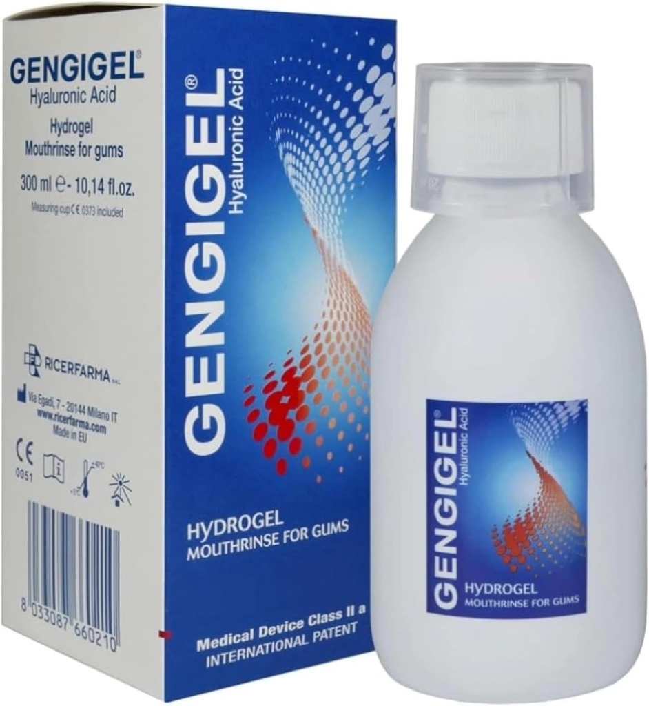 Gengigel Hyaluronik Asit Ağızrinse (300 ml), Gum Health için Oral Bakım Çözümü, Relieve Gum Recession & Gingivitis, No Alkol veya SLS, Vegan & Kosher