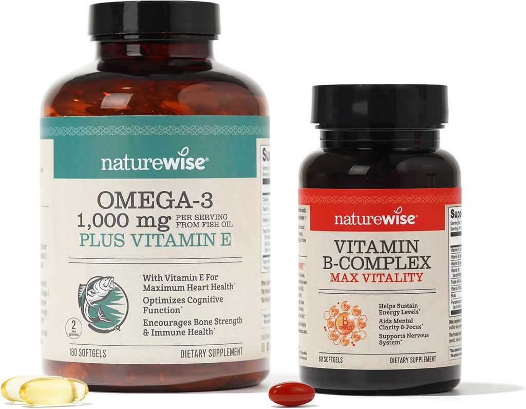 NatureWise 1000mg Ωμέγα 3 600mg EPA 400mg DHA με Βιταμίνη Ε 180ct & Βιταμίνη Β Complex για Κυτταρική Ενέργεια 60 Softgels[2-Month]