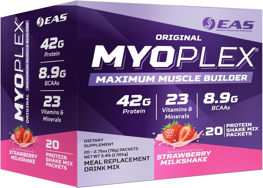 EAS Original Myoplex maximum Muscle Builder | Meal Change protein İçecek Mix | Kalite proteini | 42g Protein | 20 Bireysel Packets (Strawberry Milkshake)