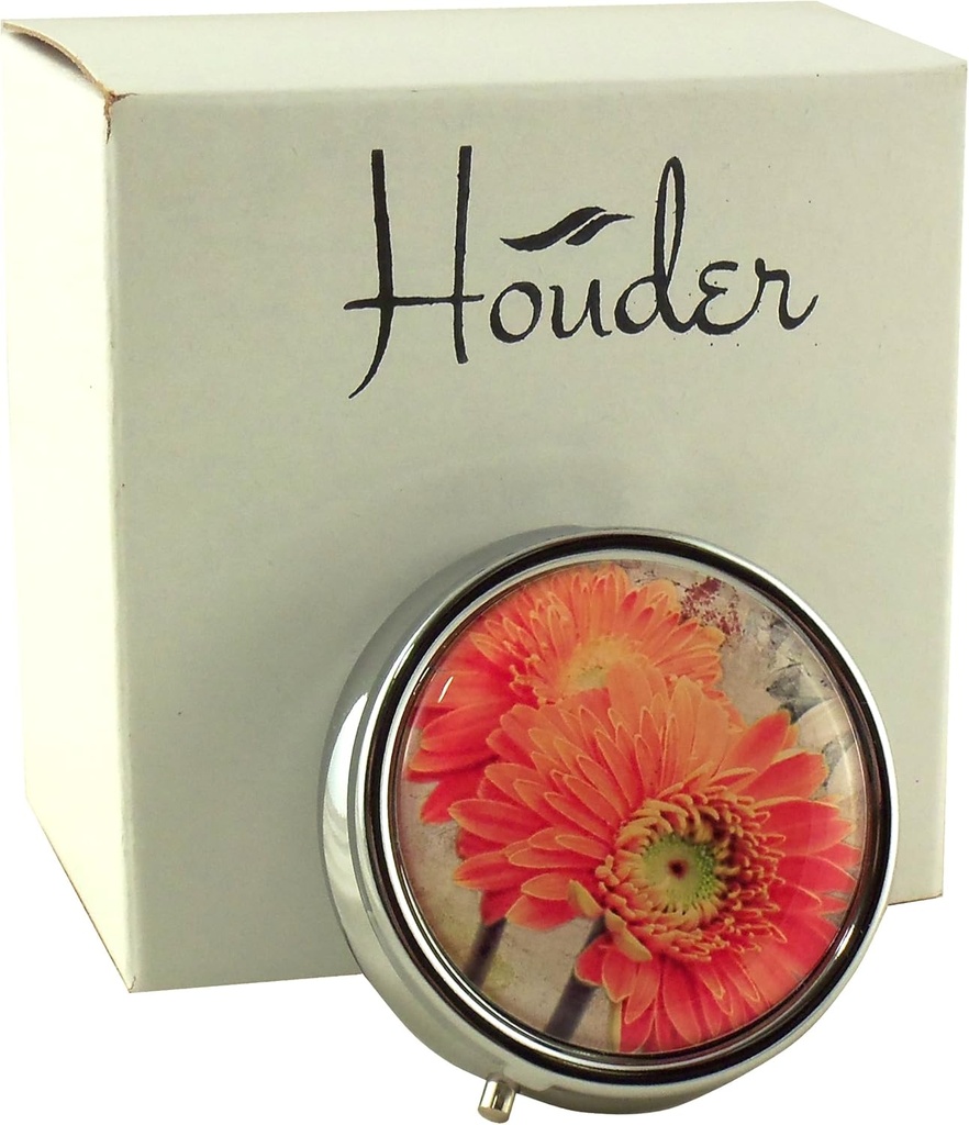 Designer Pill Box by Houder - Decorative Pill Case with Gift Box - Carry Your Meds in Style (Orange Daisy)