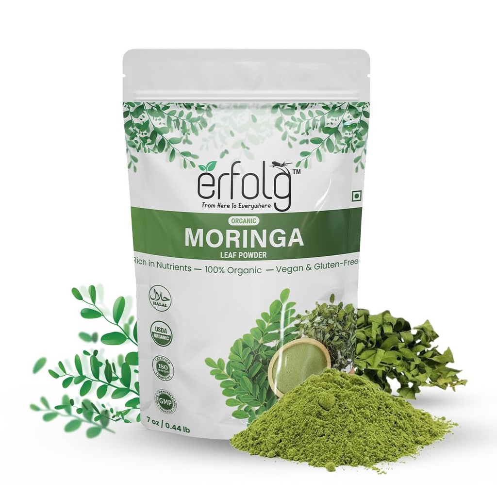 Erfolg 100% Organik Moringa Oleifera Leaf Toz | 7 oz - 0.44lb | Nutrients, Vegan & Gluten-Free, Rich in Antioksis & Immune Vitamin | Moringa