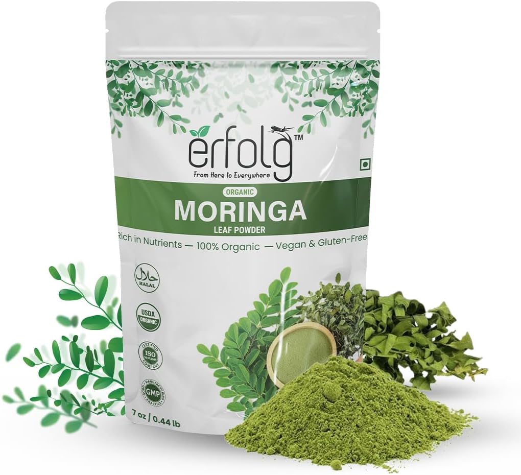 Erfolg 100% Organik Moringa Oleifera Leaf Toz | 7 oz - 0.44lb | Nutrients, Vegan & Gluten-Free, Rich in Antioksis & Immune Vitamin | Moringa