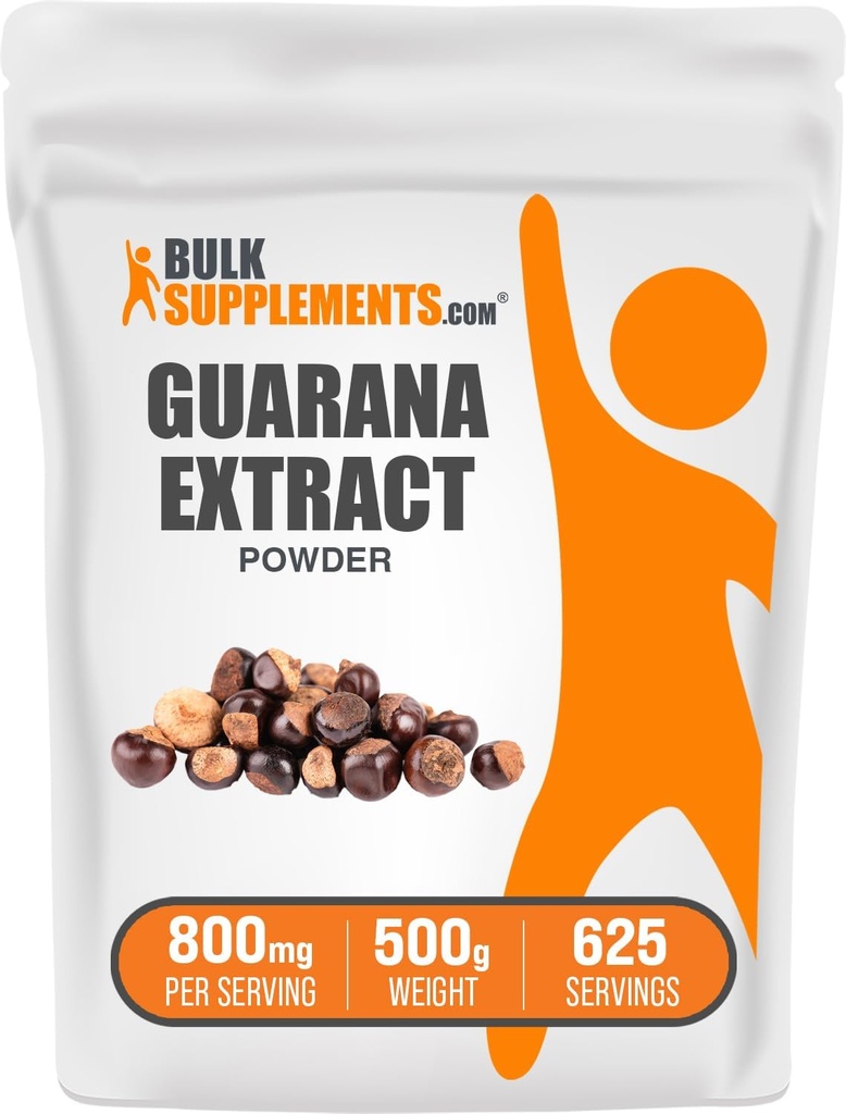 BulkSupplements.com Guarana Extract Powder - Natural Caffeine Supplement, από Guarana Seed, Guarana Powder - Χωρίς γλουτένη, 800mg ανά Σερβίρισμα, 500g (1.1 lbs) (Συσκευή των 1)