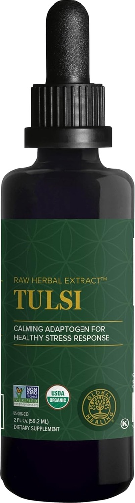 Global Healing Center - Organik Tulsi (Holy Basil Leaf Extract) Vegan Sıvı Supplement Drops (Organic Basil) - Bio, Normal Stres Yanıtı, Doğal Enerji ve Immune Support