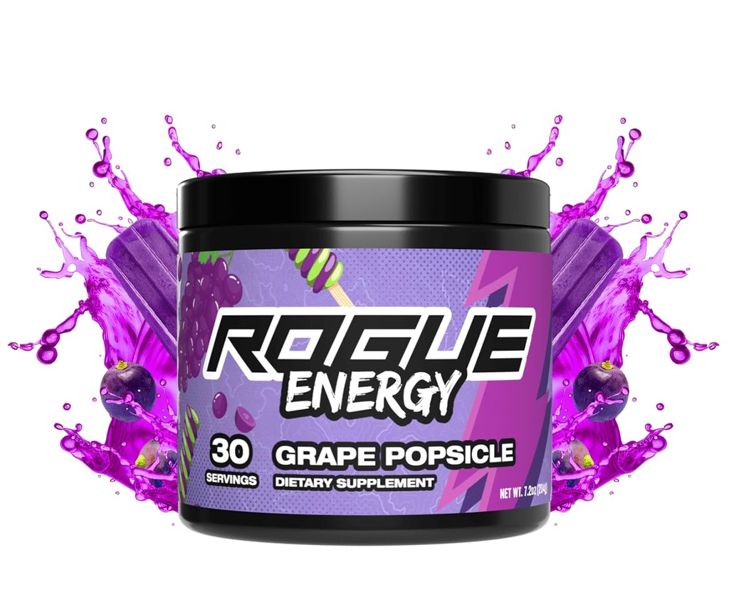 Rogue Energy Drink Toz Uzun Oyun Saatleri - Ruh Odaklığı için Oyun Enerji Tozu - Sugar & Gluten Free - Oyun Supplement with Caffeine & Vitamins - Made in USA (Grape Popsicle - 30 Hizmet)