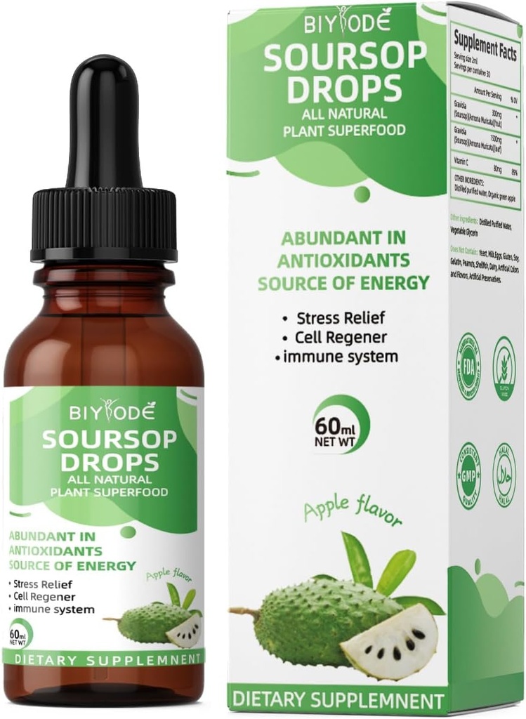 Soursop Graviola Liquid Drops with Sea Moss & Elderberry for Cell Support, Immunity, Liver Health ve Sleep Aid - Organik, Sugar/Gluten Free, Natural Flavor, 2 Fl Oz Oz