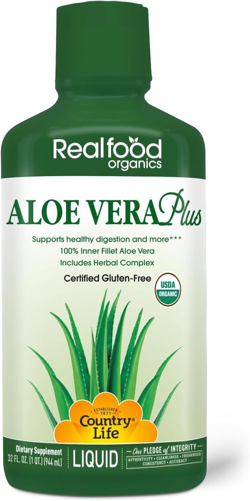 Country Life Realfood Organics Liquid Aloe Vera Plus - Supports Digestive Health & Immune System - Terpery Elm, Ginger, Turmeric, Peppermint - Organik ACTIValoe, Qmatrix Process - 32 oz