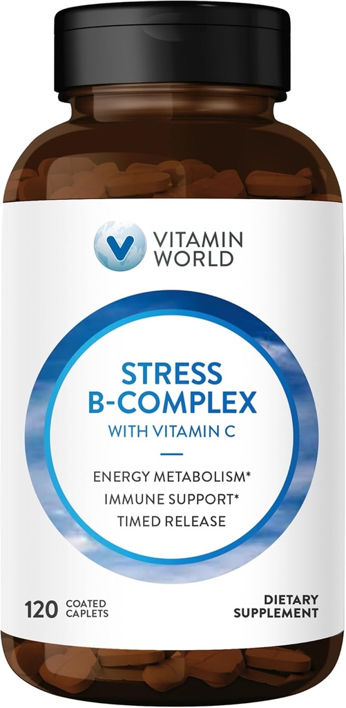 Dünya Stres Vitamini C ile Kompleks Vitamini, Zamanlı Yüksek Lisans Vitamini B6, B12, Niacin, Folate & Biotin for Stress, Energy, Metabolism & Immune Support, Non-GMO, 120 Caplets
