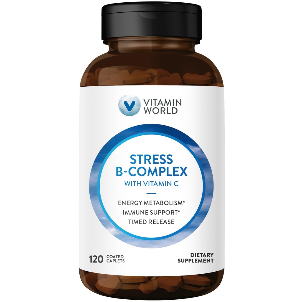 Dünya Stres Vitamini C ile Kompleks Vitamini, Zamanlı Yüksek Lisans Vitamini B6, B12, Niacin, Folate & Biotin for Stress, Energy, Metabolism & Immune Support, Non-GMO, 120 Caplets