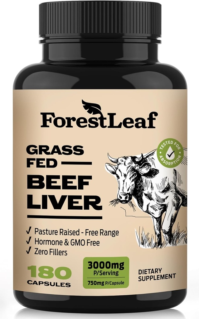 ForestLeaf Grass Fed Beef Liver Capsules, 3000mg ανά υπηρεσία, υποστηρίζει πλήρη ανοσία & Wellnes σώματος, καθαρισμός, πέψη, φυσικός σίδηρος, βιταμίνη Α και B12, παγώσει αποξηραμένο βόειο κρέας συμπλήρωμα ήπατος, 180 Caps