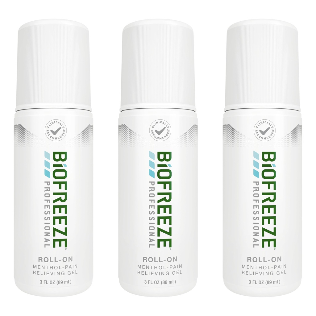 Biofreeze Professional Pain Relief Roll For Diz,Boy, Hip, Joint, & Omuz, Basit Backache Pain Reliever, Sore Muscle Relief, Roll-On Menthol Gel 3 Fl Oz (Paket 3 )