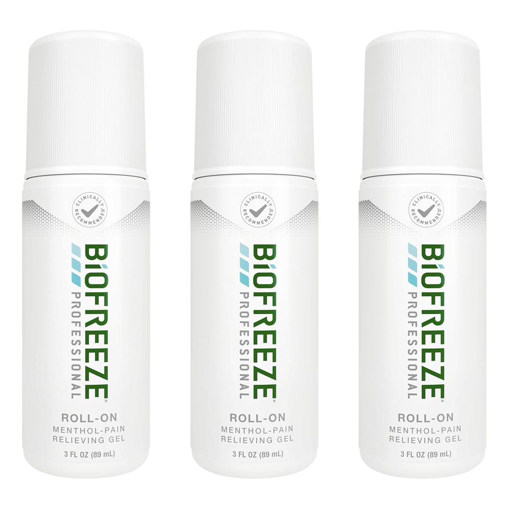 Biofreeze Professional Pain Reliver Roll on for Knee, Neck, Hip, Joint, & Shoulder, Simple Bache Pain Reliever, Sore Muscle Relief, Roll-On Menthol Gel 3 FL Oz (Pack of 3)