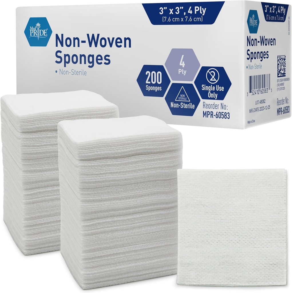 MED PRIDE 3x3, Gauze Pads 200 Pack, Nonsterile, 4 Ply, Nonadherent Me Bandages, Absorbent Yara Bakımı Bıçakları Giymek