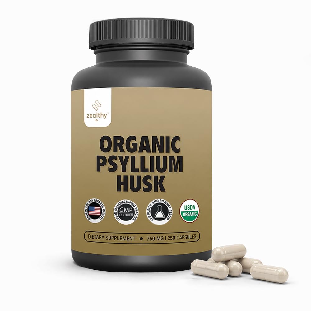Organik Psyllium Husk Capsules 750 mg, Gut Health için Doğal Fiber Supplement* - Psyllium Husk Toz, Zealthy Life, 250 Capsules