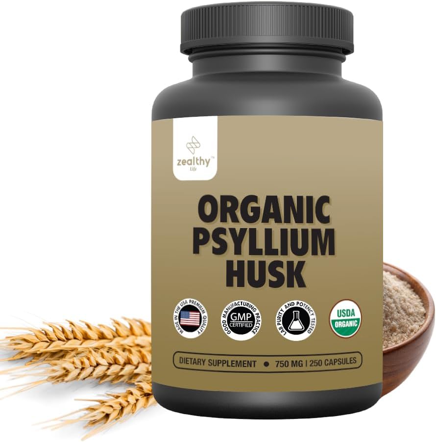 Organik Psyllium Husk Capsules 750 mg, Gut Health için Doğal Fiber Supplement* - Psyllium Husk Toz, Zealthy Life, 250 Capsules