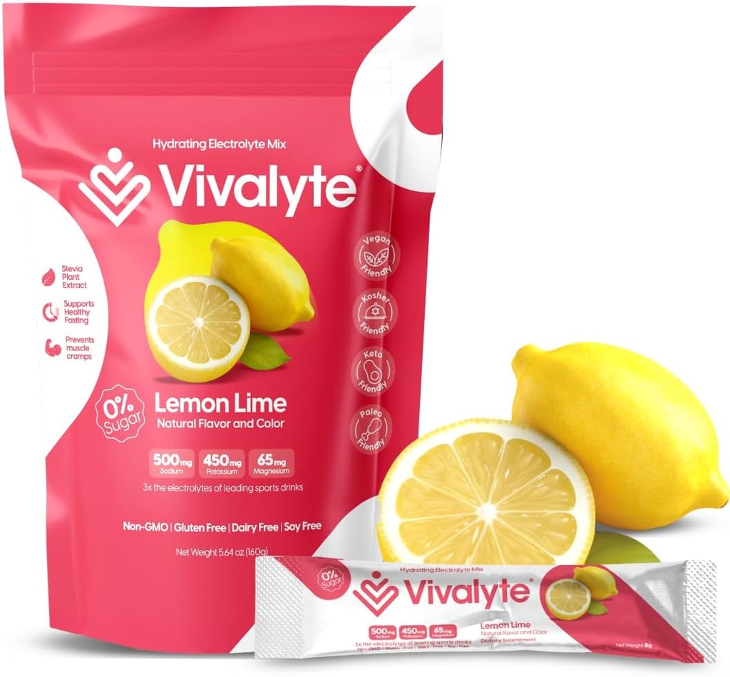 Elektrolyte Toz No Sugar Stevia Sweetized 100% Natural Hydration Packets - 20 Count | sodyum, Pyum Citrate & Magnezyum L-Threonate (5.64, Lemon)