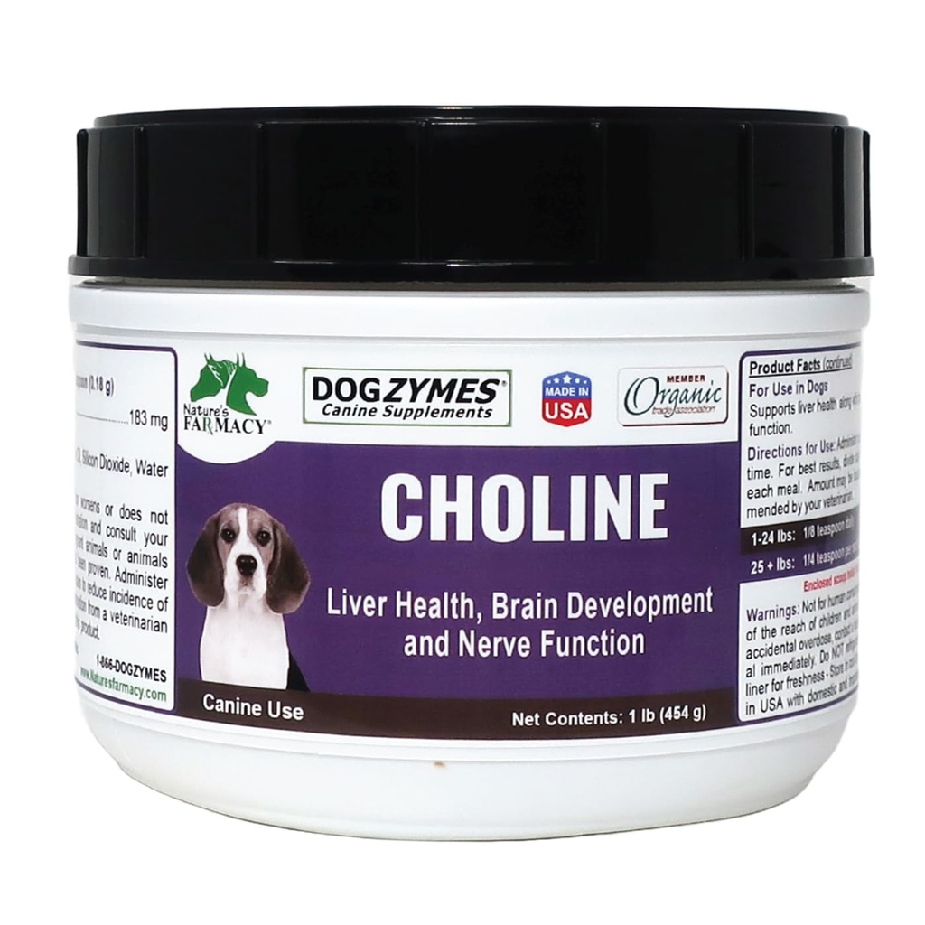 Dogzymes Choline beyin işlevlerinde yardımcı olur ve ayrıca nöbetler ve İndüksiyon ile yardımcı olur. Ayrıca, birikmiş lipidlerin Liver'ı temizlemek için de kullanılır (1 Pound)