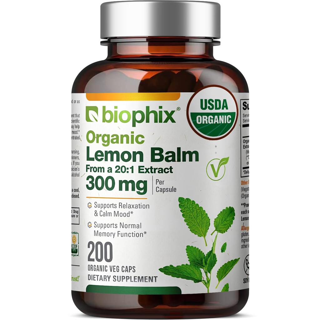 Biophix Lemon Balm Capsules USDA Organik 20:1, 300 mg 200 Veggie Caps - Bilişsel Sağlık Stresi Uykuya Yardımcı Oldu