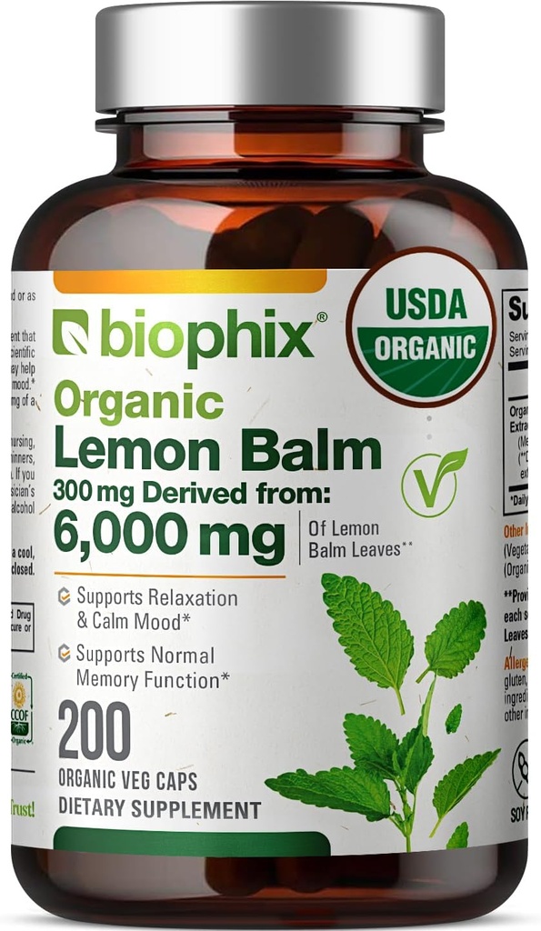 Biophix Lemon Balm Capsules USDA Organik 20:1, 300 mg 200 Veggie Caps - Bilişsel Sağlık Stresi Uykuya Yardımcı Oldu