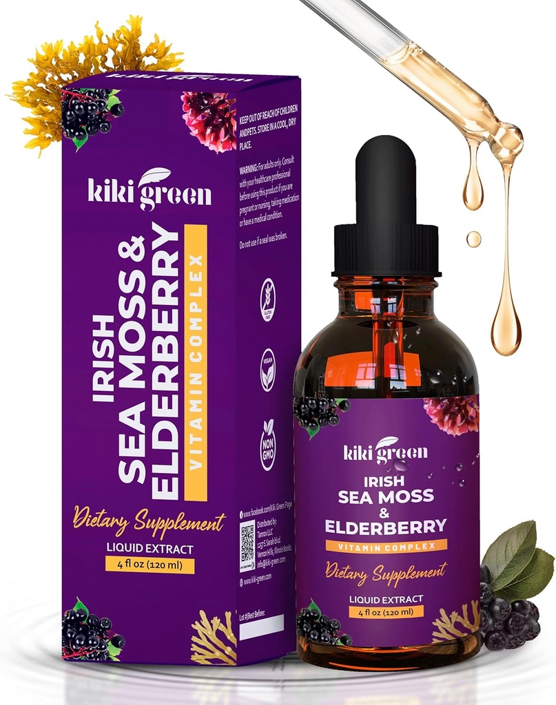 KIKI Green Liquid Irish Sea Moss + Elder Drops - Immune Support, Health Support, 2 Fl Oz Oz