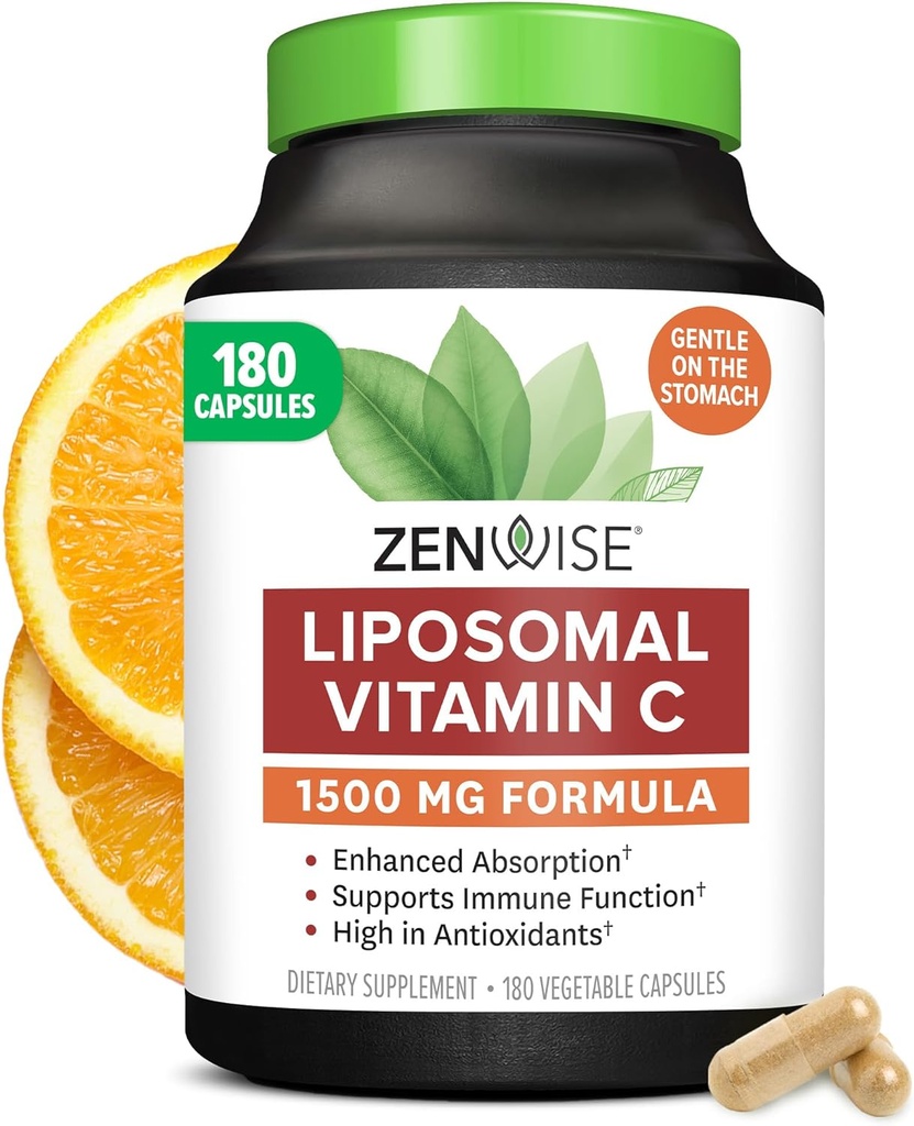 Zenwise Health Geliştirilmiş Abpole Liposomal Vitamin C Supplement - 1500 mg Liposomal VIT C for Immune Support, Antioksi & Natural Energy Boost - Organik & Gluten Free - Unflavored, 180 Capsules